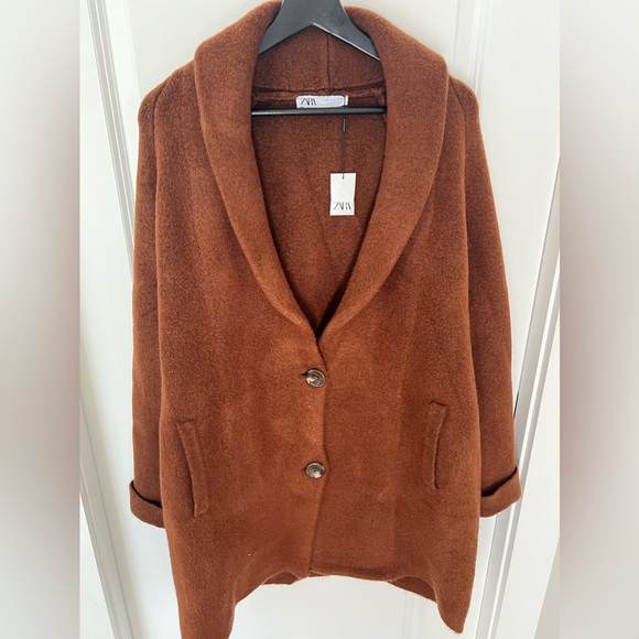 NWT ZARA TURNED UP CUFF KNIT COAT Brown Size M - Picture 14 of 14